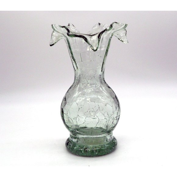 Vintage Smith"s Old Timer Clear Crackle Vase Ozark Art Glass 6.75" Ruffle Top Si - Picture 2 of 7